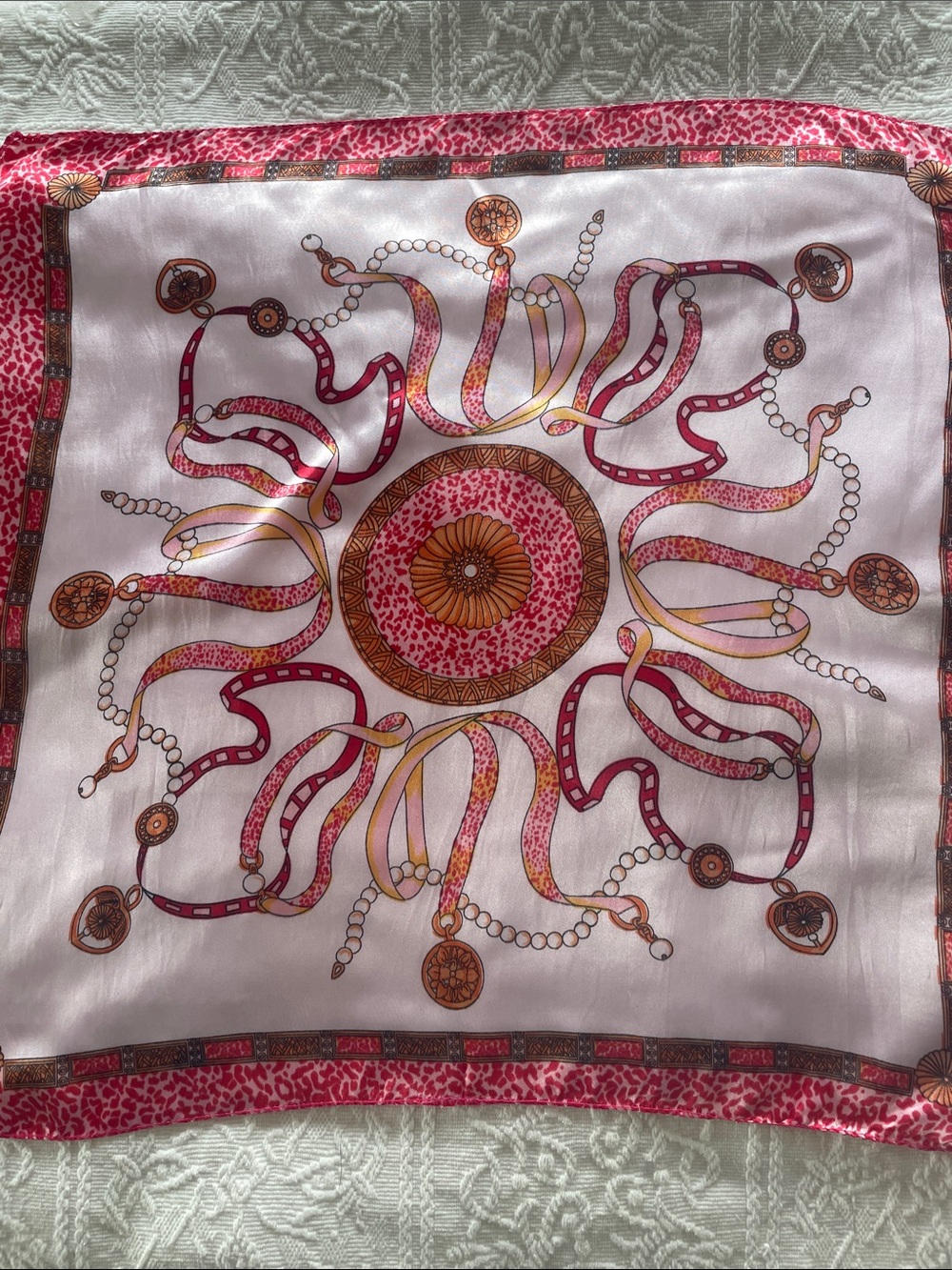 Pink and Gold Satin Look Decorative Scarf 19 x 19 new with tags